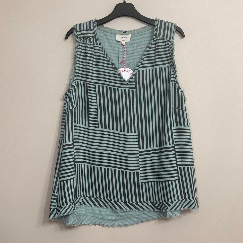 Umgee Sage Green Striped Frayed Trim Dress M NWT